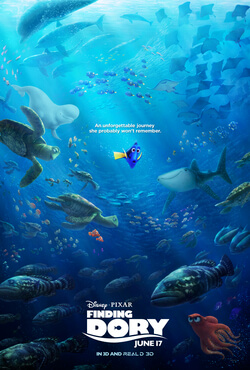 Disney Pixar. Finding Dory. An unforgettable journey she probably won't remember. A blue fish looks out from the center of an underwater scene filled with ocean animals.