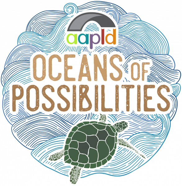 Oceans of Possibilities Logo. AAPLD Logo and a turtle on a background of waves.